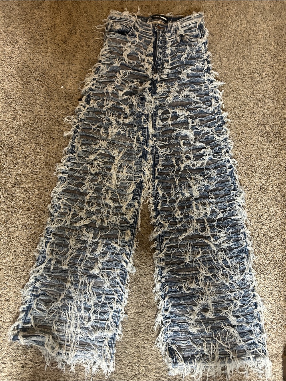Fashion Nova Light Blue Distressed Flare Jeans with Fringe